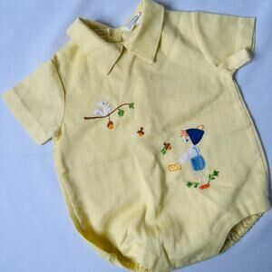 Vintage Dutch Embroidered Nature Scene Yellow Collared Romper